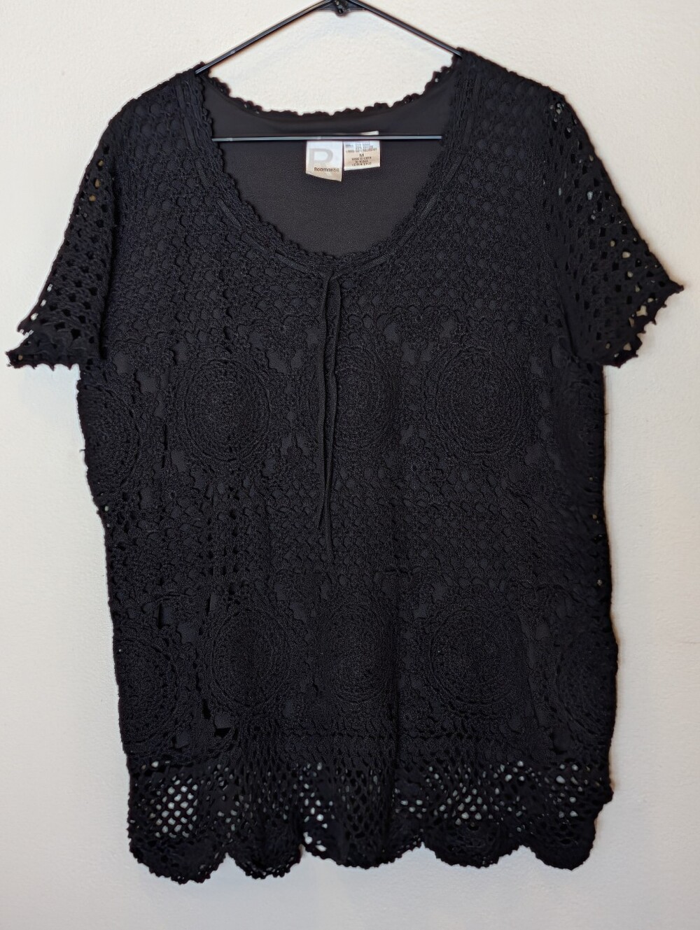 Roaman’s Black Crochet V Neck Top Lined Short Sleeve Boho Casual Blouse M